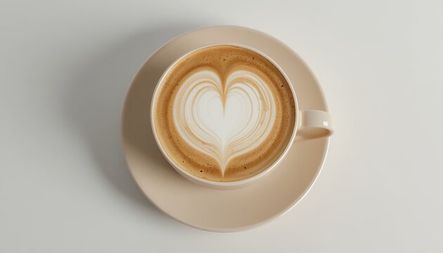 a close up of a cup of coffee with heart shaped latte art on a beige saucer viewed from above on a