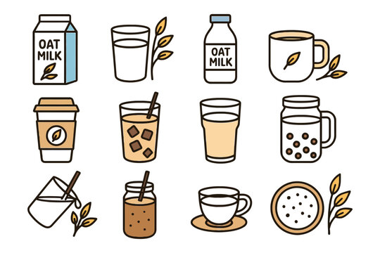 Various oat milk and beverage illustrations.