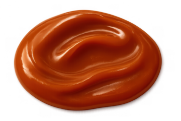 Drizzling caramel sauce pool forming a sweet, glossy swirl, ideal for dessert topping or confectionery elements on transparent background