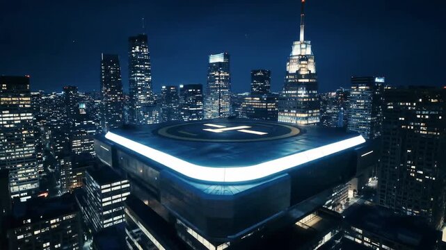 Illuminated helipad at night in a city skyline, offering futuristic transport, commercial use