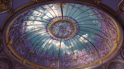 Intricate ceiling dome features floral design and light blue sky, ornate architectural details and warm lighting enhance the aesthetic