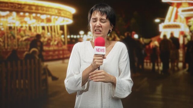 Woman holds a red microphone and pinches nose while reporting at a nighttime carnival; disgust concern.