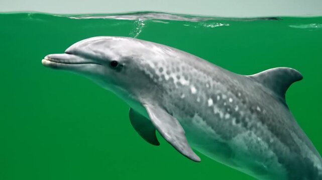 A sleek, spotted dolphin swims gracefully underwater against a vibrant green backdrop