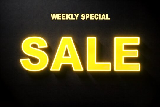 Neon yellow "Weekly Special Sale" sign glowing against dark fabric, festive and eye-catching promotional design.