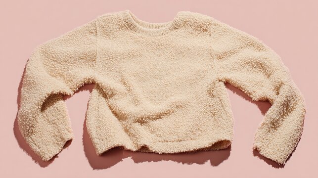 lambswool. A wool sweater shrunk after washing, showing textured fabric on a simple background. lifestyle magazines, social media lookbooks, designed for influencer and brand collaborations.