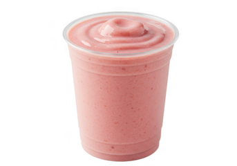 Pink strawberry smoothie in a clear plastic cup isolated on transparent background