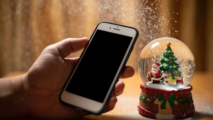 A hand holds a smartphone with a blank screen next to a festive Christmas snow globe with falling snow.