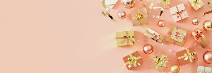 ピンクと金のギフトボックスとオーナメントが縁取る華やかなホリデー背景デザイン