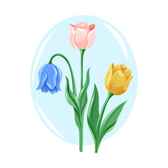 A trio of spring flowers, pink, blue, and yellow tulips. Vibrant and colorful vector cartoon illustration of different flowers. Elegant bouquet.
