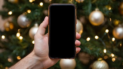 A hand holds a smartphone with a blank screen in front of a decorated Christmas tree with golden ornaments and lights.