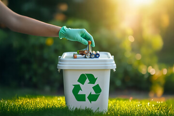 Eco hand with batteries. Recycling awareness moment. Responsible waste handling. Metal battery collection.