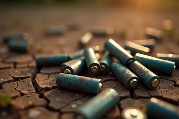 Batteries on dry soil. Pollution damage concept. Environmental danger close-up. Toxic waste symbolism.