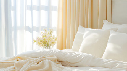 Bright white pillow, soft blanket, and delicate flower vase on cozy bed with sunlight streaming through sheer curtain create peaceful, relaxing bedroom atmosphere