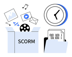 Box containing SCORM assets thumbs up videos, images, and code, alongside a clock and folder of binary data. Ideal for e-learning, content delivery, file organization, time management, digital