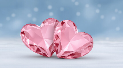 Two pink crystal heart shapes rest together on soft snowy surface, sparkling with light reflections against dreamy blue background, evoking romance and affection