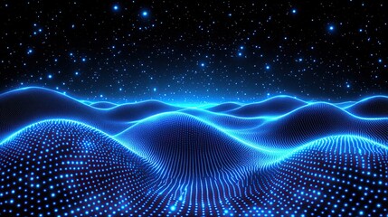 Ethereal Landscape of Glowing Blue Particles Simulating Waves Under a Starry Night Sky