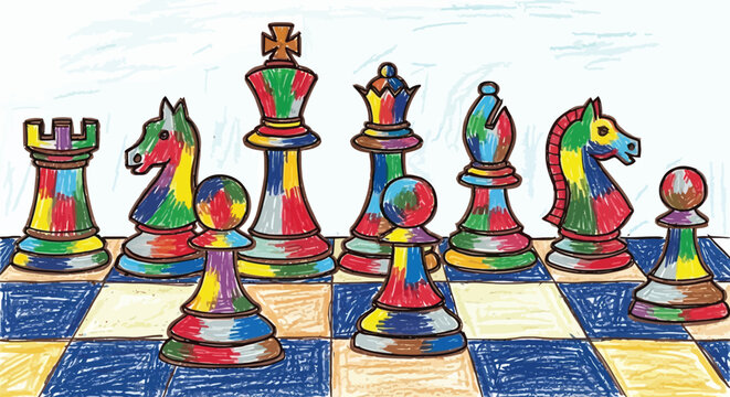 Colorful chess pieces arranged on a chessboard in a playful artistic style