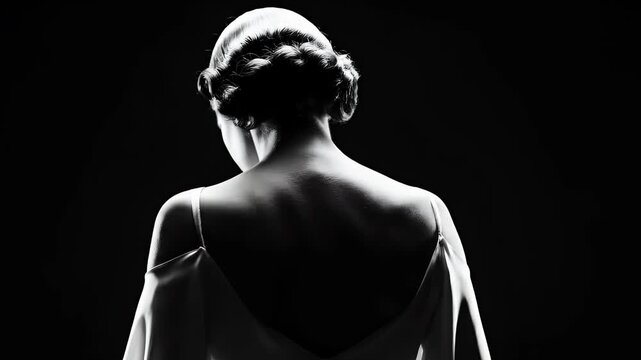 Elegant Black and White Profile of a Pensive Woman with Vintage Hairstyle on Dark Background