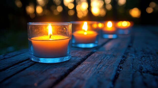 A table with four candles in glass holders. The candles are lit and the table is wooden
