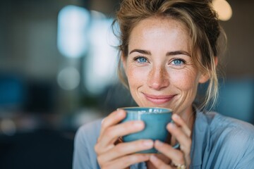 A woman with bright blue eyes and a warm smile holds a cup of coffee in a comfortable cafe setting during late morning. Soft light fills the background, creating a cozy atmosphere