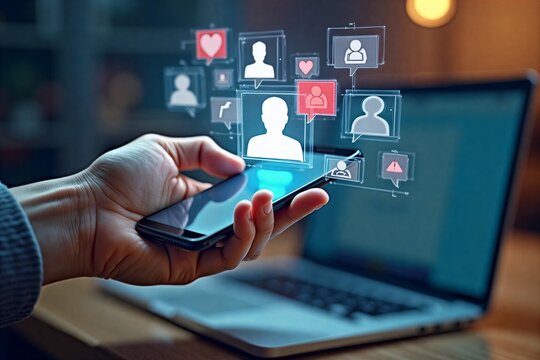 Hand holds smartphone displaying social media icons, laptop in background. Digital connection and online interaction depicted. - Powered by Adobe