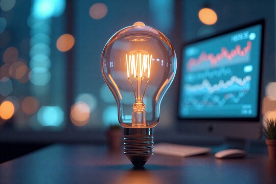 Glowing light bulb on desk beside monitor showing charts, symbolizing innovation and data-driven ideas in modern workspace.