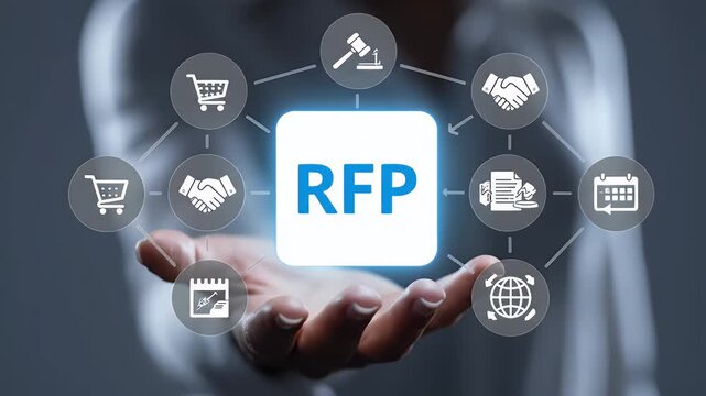 Hand Presenting Rfp Concept on Gray Background with Network Icons and White Central Square Business Technology and Communication Theme Adobe Stock Photo