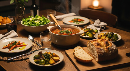Warm and inviting home-cooked meal shared around a rustic wooden table.