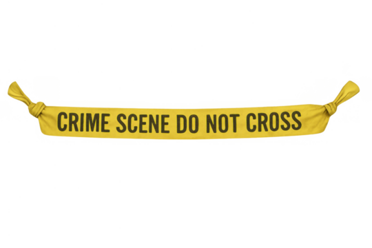 Crime scene yellow barrier tape with do not cross warning, isolating an area for police investigation on transparent background