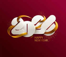 Fototapeta premium Happy New Years 2026. Greeting banner design with white numbers and golden ribbon on red background.