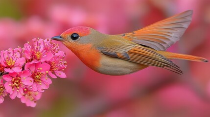 Fototapeta premium A bird is perched on a pink flower. The bird is orange and black