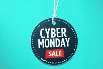 Black Cyber Monday sale tag hangs against vibrant teal background, bold white text and red "SALE" label. Minimalist promotional design.