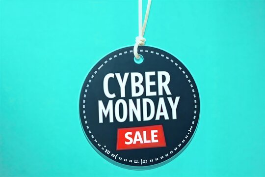 Black Cyber Monday sale tag hangs against vibrant teal background, bold white text and red "SALE" label. Minimalist promotional design.