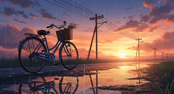 Blue Bicycle with Basket on Rural Road at Sunset with Power Lines and Reflection