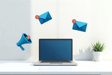 Laptop on desk, blue envelopes and megaphone float above, symbolizing digital communication and marketing outreach.