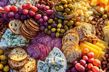 Gourmet charcuterie board with cheese, grapes, olives and nuts