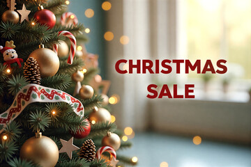 Christmas tree adorned with ornaments, lights and candy canes. "Hoppy Christmas Sale" text overlay on festive background.