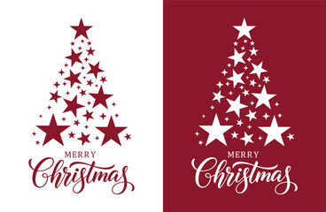 A mirrored Christmas design split between white and deep red backgrounds. Both sides feature the phrase "MERRY Christmas" in elegant script below a stylized Christmas tree shape composed of large snow