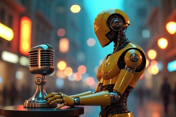 Golden robot speaks into vintage microphone, urban neon lights blur behind. Futuristic performance in cyberpunk cityscape.