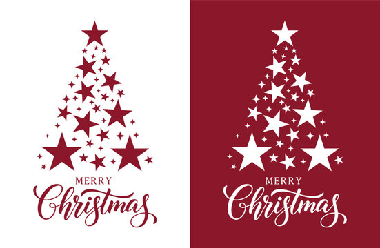 A mirrored Christmas design split between white and deep red backgrounds. Both sides feature the phrase "MERRY Christmas" in elegant script below a stylized Christmas tree shape composed of large snow