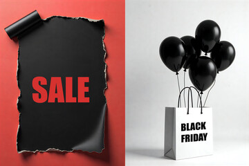Black sale banner torn from red background, black balloons in white shopping bag against minimalist studio wall.