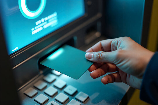 Hand inserts green credit card into ATM, screen displays euro symbol. Close-up shot of transaction in progress.