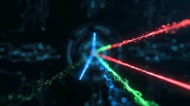 A vibrant abstract composition featuring three dynamic beams of light. Red, green, and blue rays converge towards a central point