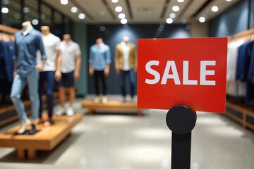 Red "SALE" sign in boutique, mannequins display clothing. Bright lights, shallow depth of field highlight discount promotion atmosphere.