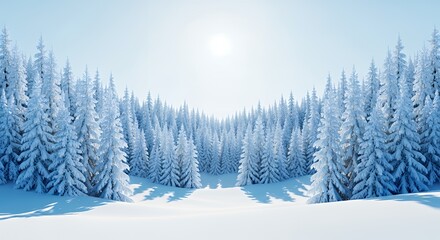 Fototapeta premium Snowy Forest Scene with Tall Pine Trees Under Bright Sun in Winter Landscape