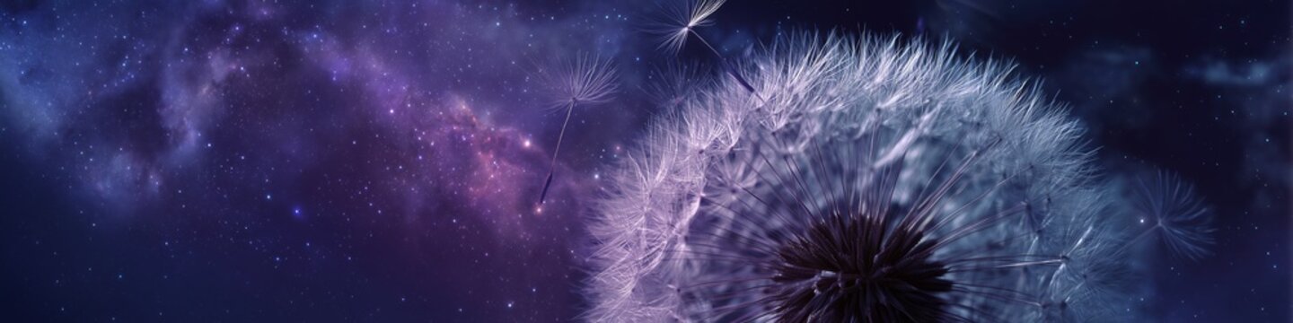 Photorealistic image of a dandelion clock with seeds floating against a dark, magical galaxy background with swirling purple, pink, and blue light.
