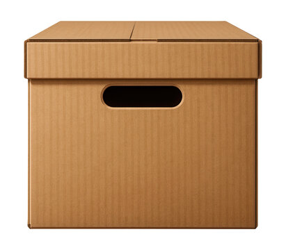 Medium cardboard box with sturdy handles, ideal for packing and moving books.