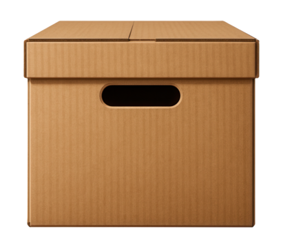 Medium cardboard box with sturdy handles, ideal for packing and moving books.