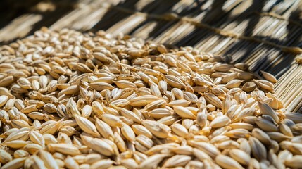 foolishness. Barley grains drying on a mat under soft, natural sunlight. menu design, packaging mockups, designed for culinary blogs and recipe cards for restaurants, used by account managers.