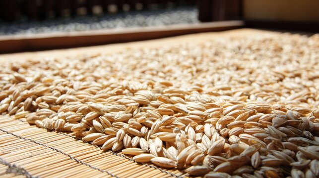 foolishness. Barley grains drying on a mat under soft, natural sunlight. menu design, packaging mockups, designed for culinary blogs and recipe cards for restaurants, used by account managers.